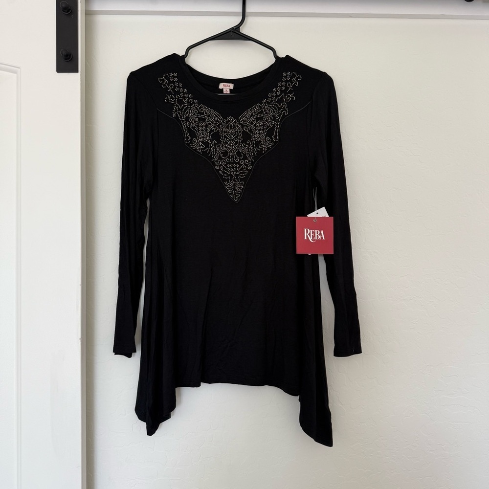 NEW Reba Black Long Sleeve Beaded Top Stretch Soft Tunic Whimsigoth Western NWT